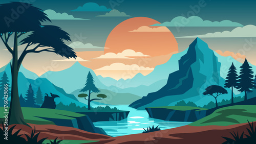 Vector art of stunning mountain landscape with a river and trees in a flat vector style
