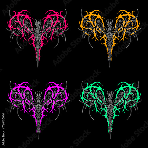 Set of neo tribal symmetrical shapes two layers in different colors vector design for streetwear t-shirt print dark gothic apparel 