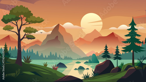 Vector art of beautiful mountain landscape with a lake and trees at sunset scenery view
