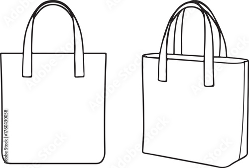 : PrintTote bag technical flat sketch vector, front side and perspective view, fashion accessory template