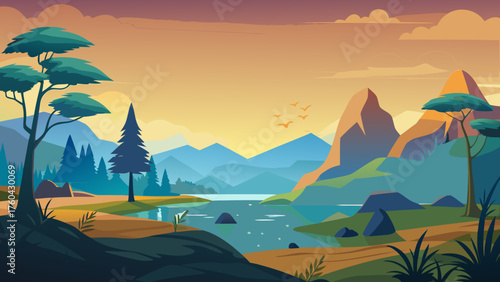 Vector art of beautiful mountain landscape with a lake and trees at sunset scenery view