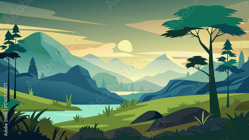 Vector art of beautiful mountain landscape with a lake and trees at sunset scenery view