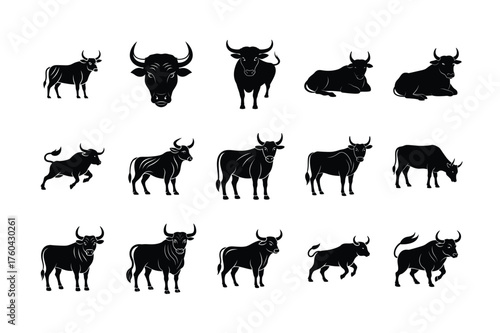 Bull and Cattle Silhouette Icon Set