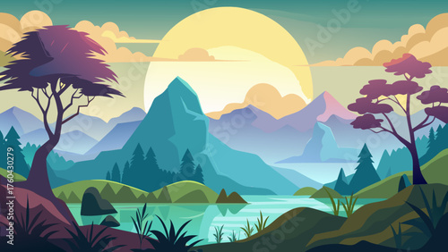 Vector art of beautiful mountain landscape with a lake and trees at sunset or sunrise