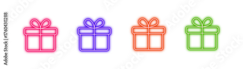 Neon glowing gift box vector icons set, present, celebration, holiday, surprise, vibrant colorful digital design illustration on transparent