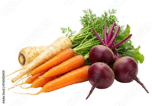Isolated root vegetables featuring parsnips, carrots and beets with fresh green leafy tops