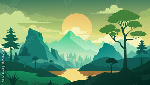 Vector art of green mountain landscape with a tranquil lake at sunset, a peaceful scene