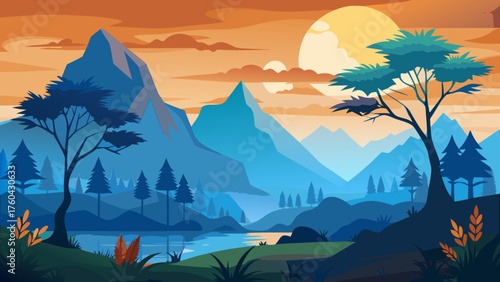 Vector art of scenic mountain landscape with trees, lake, and moon illustration at night