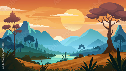 Vector art of beautiful mountain landscape with lake and trees at sunset or sunrise