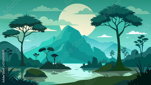 Vector art of peaceful mountain landscape with trees, lake, and moon in a flat design style