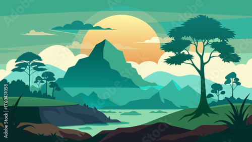 Vector art of scenic mountain landscape with a large sun rising over the mountain peaks