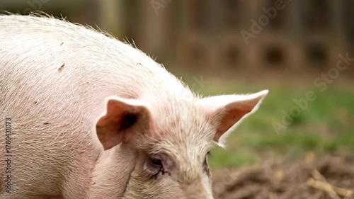 profile shot of a pig's head, showcasing details of the animal's face and fur, with a slightly blurred background emphasizing the pig's features and natural skin tones.