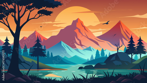 Vector art of vibrant mountain landscape with a large sun setting behind the mountain peaks