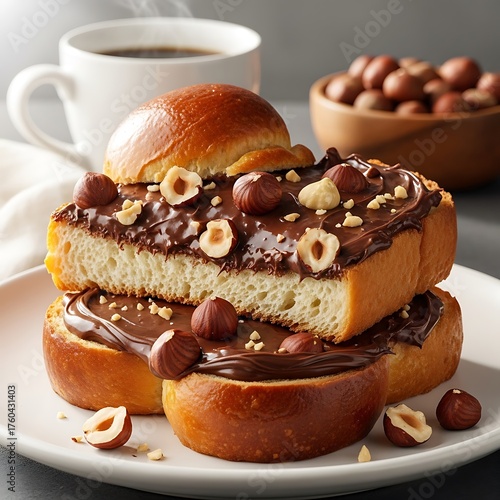 Delicious Brioche Buns Topped with Chocolate Hazelnut Spread and Hazelnuts.