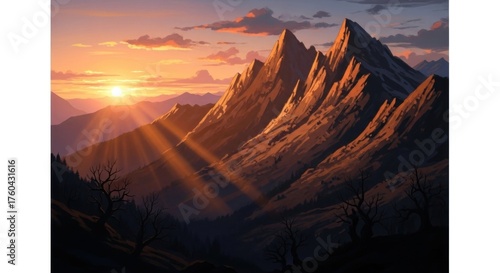 Digital illustration of a mountain range at sunset, bathed in golden light and casting shadows