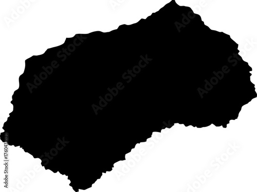 A stark black silhouette of the nation of Lesotho, isolated on a white background. This image represents the country's unique geographical shape.