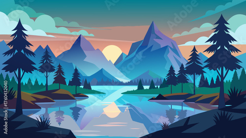 Vector art of peaceful mountain landscape with lake reflection at sunrise vector art