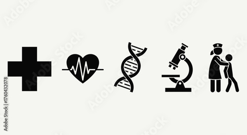 Healthcare and Medical Science Icon Set: Cross, Heartbeat, DNA, Microscope, Nurse