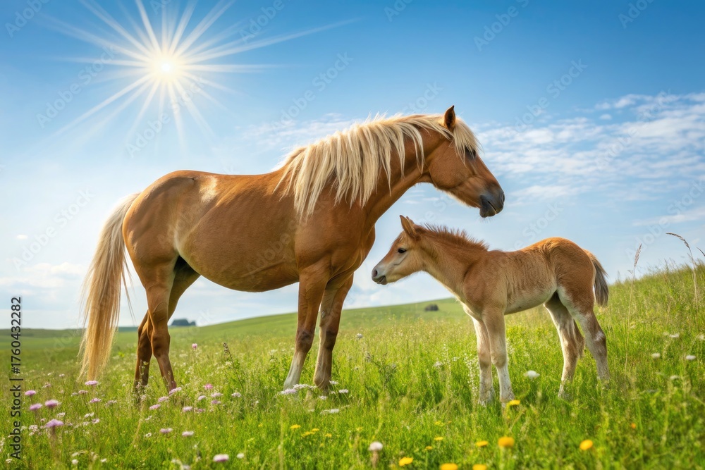 Obraz premium Mother Horse and Foal Play in a Sunny Green Meadow During Springtime