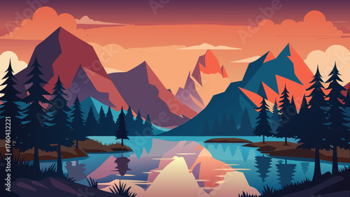 Vector art of vibrant mountain landscape with forest and lake reflection at sunset scene
