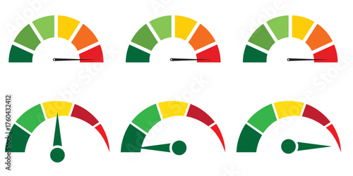 Dashboard colorful speedometer icons set. Tachometer icon isolated. Performance indicator sign. Car speed. Fast internet speed sign. Stock flat vector elements