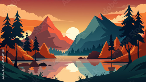 Vector art of picturesque mountain landscape with lake and forest at sunset or sunrise