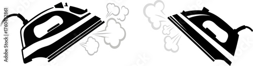 This clean and modern vector illustration features a steam iron with visible vapor or steam clouds, symbolizing garment care, laundry chores, household appliances and ironing services.