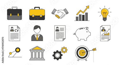 Iconic representation of business elements and career planning success on a white background