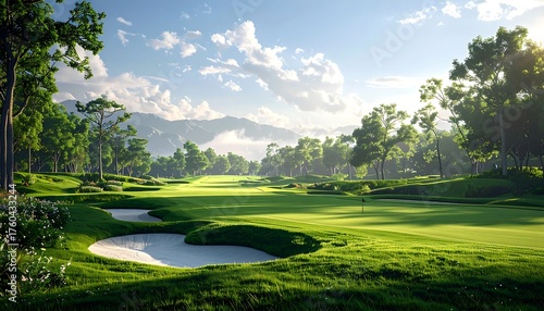Lush golf course basks in sunlight. Green fairways, sand bunkers, and trees frame the scene with a hazy mountain backdrop. A flag signals a hole