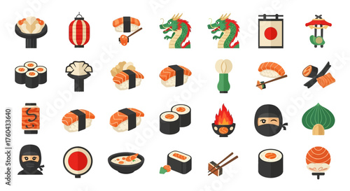 Collection of vector illustrations depicting Japanese culture elements on a white background