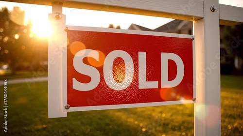 Celebrating home sales success with vibrant sold sign on lush lawn during golden hour, showcasing prosperity in residential real estate market