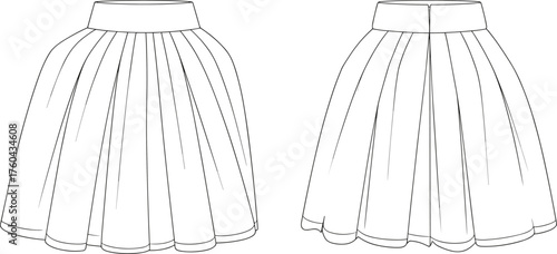 CAD drawing flat vector illustration, technical fashion skirt design, pleated skirt template, garment construction, apparel flat sketch, clothing pattern