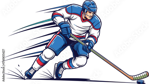 Dynamic Hockey Player Skating Fast with Puck on Ice Rink, Action Sport Game, Competition, Athletic Performance, Teamwork, Sporting Spirit, Intense Moment, Vector Illustration, Active Lifestyle, Blue U