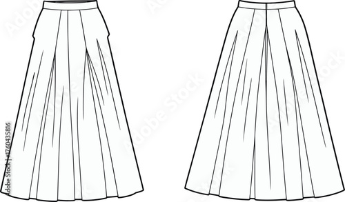Long pleated skirt technical flat sketch, front and back view, garment construction vector, apparel design template, cad drawing flat vector illustration