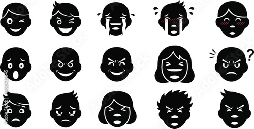 Black and White Human Face Expression Icons Set