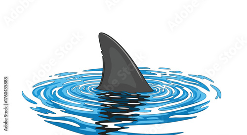 Shark Fin Emerging from Water Surface Creating Ripples - Underwater Danger, Ocean Predator Threat, Summer Vacation Risk, Cartoon Style, Illustration for Children's Book, Marine Life Warning, Swimming
