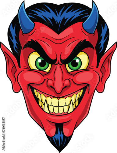 Cartoon Devil Head Grinning Fiercely on White Background with Sharp Teeth, Blue Horns, and Fiery Red Skin, Ideal for Halloween Decorations, Horror Themes, Evil Characters, Mascot Design, Tattoo Inspir