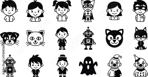 Cute Monochrome Cartoon Avatars and Icons Set Featuring Kids, Animals, and Fantasy Characters
