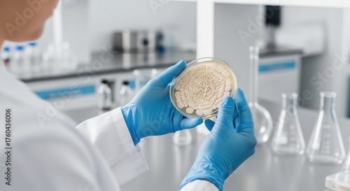 Scientist examines petri dish of cultured white colonies in a lab