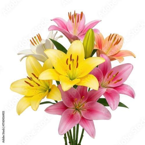 Vibrant bouquet of assorted lilies featuring pink yellow white and orange blooms isolated on transparent background