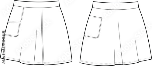 Technical flat fashion sketch, vector illustration of women skirt front and back view with pleat, pocket, waistband, garment construction, CAD drawing