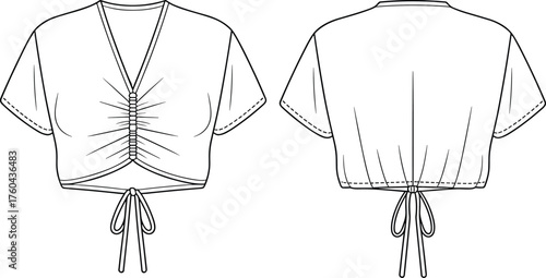 Women’s cropped top flat sketch, technical fashion drawing, ruched V-neck blouse, vector CAD illustration, apparel design template, garment construction detail