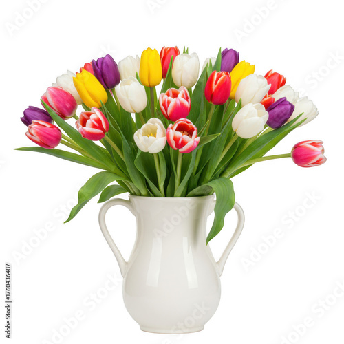 Vibrant bouquet of mixed color tulips in a white pitcher isolated on transparent background