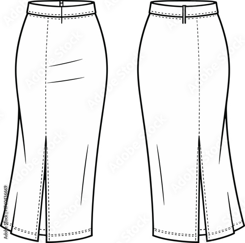 Women’s pencil skirt flat sketch, fashion CAD drawing, mid calf length design, technical garment illustration, vector apparel template, clothing construction