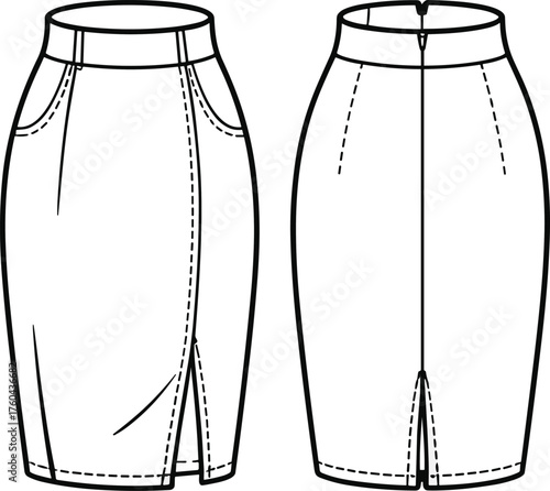 Women’s pencil skirt flat sketch, fashion CAD drawing, pocket design with slit, technical garment illustration, vector apparel template, front and back view