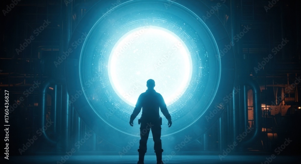Fototapeta premium Silhouetted figure stands before a large, bright, circular portal/machine