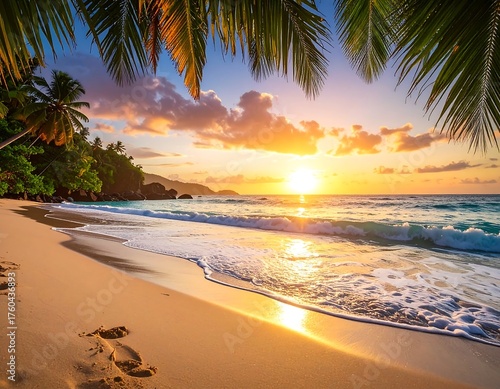 Fototapeta Naklejka Na Ścianę i Meble -  Sunset over ocean waves with palm tree branches and beach