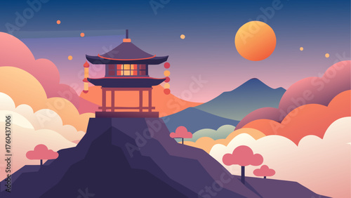 Stylized asian pagoda on a mountain peak under a sunset sky with a large orange moon