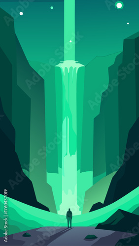 Lone figure stands before a towering waterfall in a stylized alien landscape