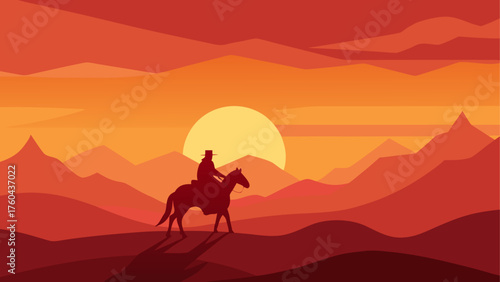 Silhouette of a cowboy riding a horse against a vibrant sunset in a desert landscape